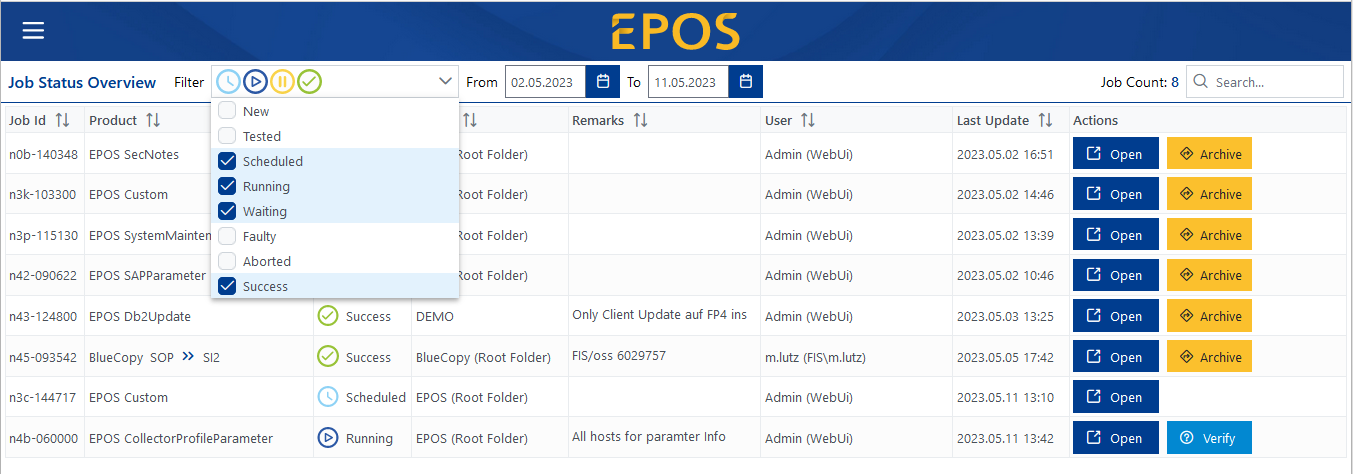 Ansicht der Filterfunktionen im EPOS Job Status Overview