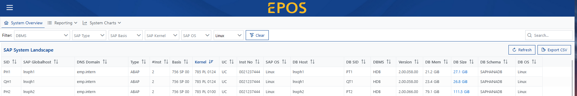 Screenshot aus Reporting Engine der SAP-Infrastruktur Automations-Software EPOS